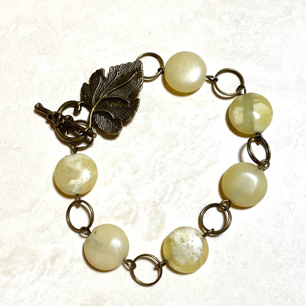 2/20, Natural Yellow Opal Bracelet, Genuine Gemstone + Bronze Grape Leaf